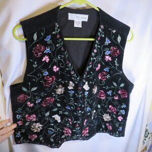Vintage Chrysantheme Black Embroidered Floral Velvet Vest  Large Cottage Core